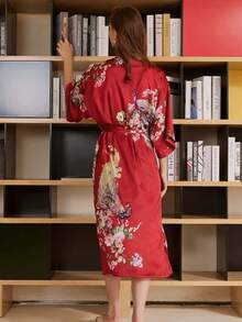 歐美復古寬鬆大尺碼中長版波希米亞孔雀印花和服式罩衫，夏季海灘比基尼泳衣外穿罩衫，浴袍 - 紅色 - 查看 10