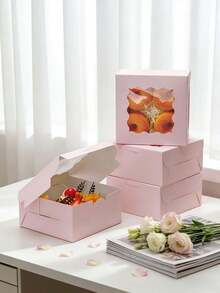 5个/10个装，6x6x3英寸，坚固蛋糕盒，白色硬纸板和牛皮纸材质，波浪形窗口，适用于饼干和纪念品包装 - 查看 5