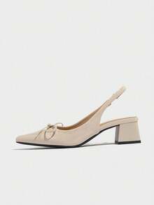 Sandalias de tacón grueso de con lazo para mujer, zapatos planos de corte bajo con espalda abierta, zapatos mules de tacón medio para oficina y citas, zapatos planos versátiles de corte bajo - Beis - Ver 6