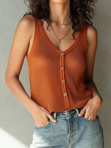 2026新款V领无袖镂空休闲针织背心，女士款，纽扣可调节，夏季款 - 珊瑚橙 - 查看 1