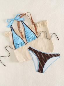 Bộ bikini nữ mùa xuân/hè chấm bi thanh lịch, kiểu dáng thường ngày, áo ngực tam giác màu xanh dương và nâu cổ yếm chữ V hở lưng buộc dây, quần bikini cạp cao viền tương phản, đồ bơi 2 mảnh phong cách retro phù hợp cho bãi biển, kỳ nghỉ, tiệc du thuyền sang trọng, tiệc bể bơi. - màu nâu - Xem 6