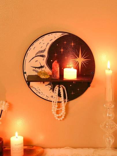 1pc Minimalist Moon Shaped Round Wall Decor Floating Shelf, DIY Assembly, Lightweight Wooden Panel With Iron Hook Design, Wall Mounted Storage Rack For Home, Dining Room, Living Room, Bedroom, Candle Holder, Small Item Display