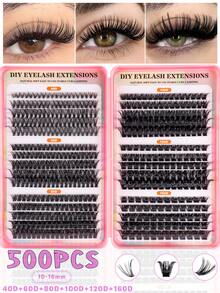 500片簇状假睫毛，浓密卷翘睫毛嫁接套装，D型卷翘，长度10-16毫米混合，DIY睫毛嫁接套装，蓬松柔软的单根睫毛，打造Y2K蝴蝶妆效，包含睫毛胶水、卸妆液和镊子，方便在家DIY - 黑色 - 查看 14
