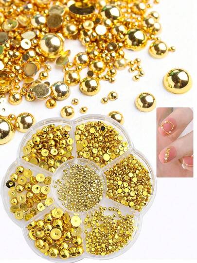 7 Rejillas de Decoración de Uñas con Gemas Doradas, Perlas Semicirculares, Perlas de unicolor - Suministros de Arte de Uñas Adecuados para Modelado de Arte de Uñas Diario DIY para Mujeres y Niñas