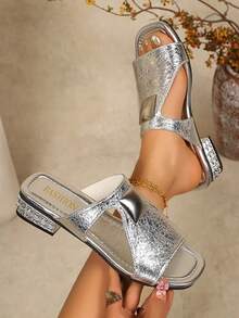 2026 Sandalias de tacón con rhinestones para mujer, zapatos de correa cruzada de cuero con efecto agrietado para uso diario y fiestas - Plateado - Ver 1