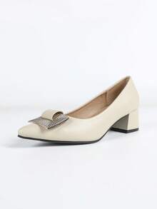 Women's Pointed Toe Elegant Chunky Heel Slip-On Fashion Pumps - Beige - View 7