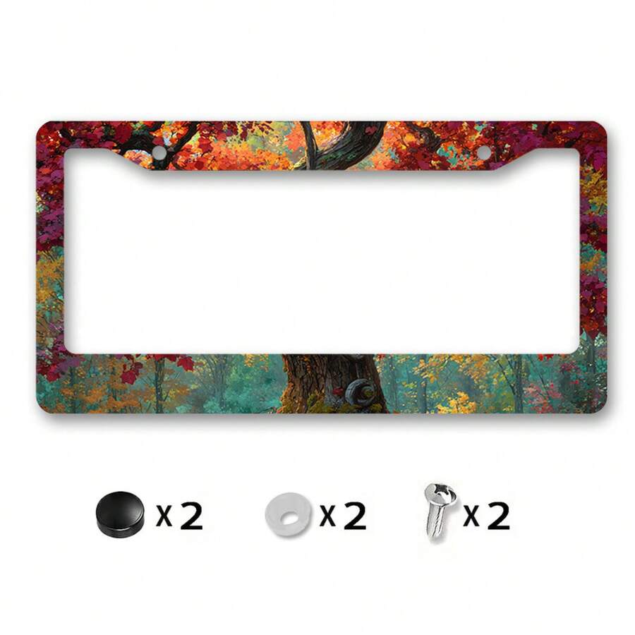 Metal License Plate Frame, License Plate Cover With A Musical Note-Shaped Autumn Tree Design, Suitable For Car Decoration During The Harvest Season