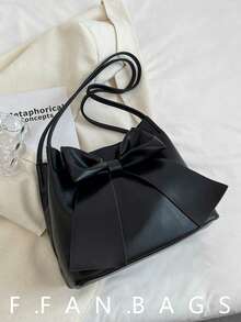 1pc Women's Fashion Solid Color PU Leather Bow Decor Super Lightweight Large Capacity Shoulder Tote Bag, Elegant For Girls, , Fashionable Bow Purse For Women - Black - View 9
