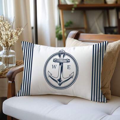 1pc Minimalist Blue & White Striped Nautical Anchor Pattern Cushion Cover, Soft Peach Velvet Fabric, Single-Sided Printing 30*50cm/40*60cm, Suitable For Home Living Room Bedroom Sofa Decor, Holiday Gift, No Pillow Insert