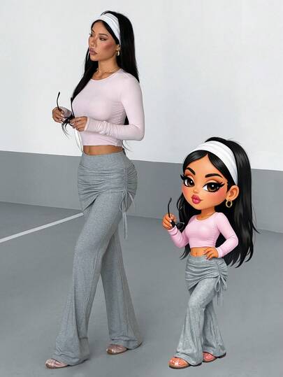 AITYI Studio Women's Pants, Well-Fitted Casual Solid Color Ruched Drawstring Irregular 2 In 1 Design, Fashionable Sexy Slim-Fit Flattering, Suitable For Outdoor, Commute, Beach Party, Rave, Music Festival, Easter, Spring & Summer Knit Flare Leg Pants