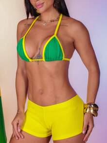 Kickoff Green And Yellow Triangle Bikini Set With Push-Up Micro Shorts - 黃色 - 查看 7