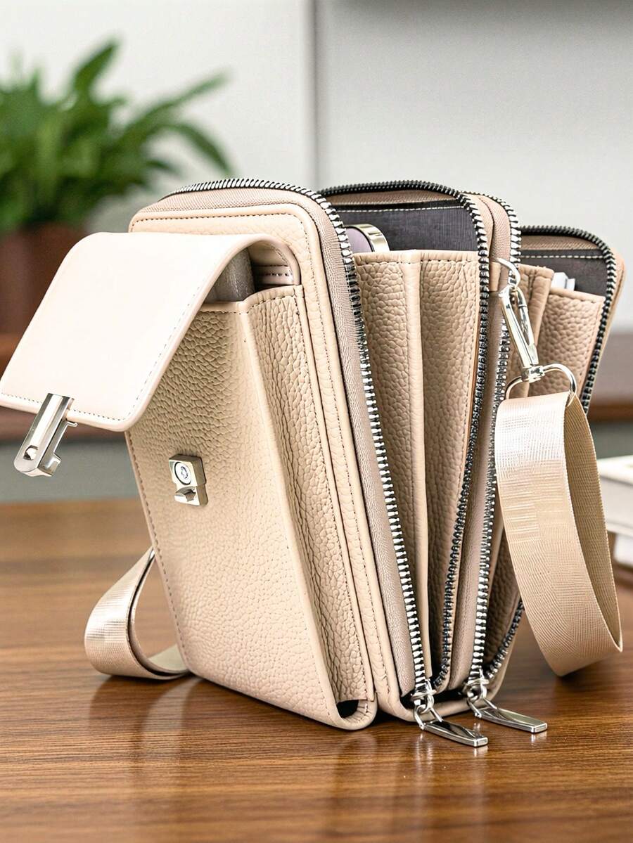 MINGYOU 新款时尚柔软双拉链多功能大容量手机包，可爱优雅，适合女性/学生，可用于购物、约会、送礼等场合。 - 卡其色 - 查看 1