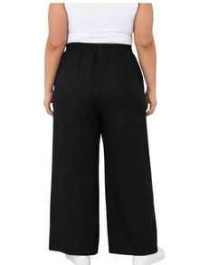 Women's Plus Size Boho Casual Wide-Leg Pants With Drawstring Pockets For Everyday Wear - Negro - Ver 4