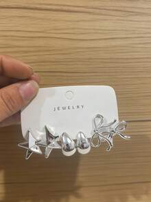Set de 6/18 pendientes de moda plateados, con elementos de estrella, lazo, estrella de mar, flor y giro geométrico, combinando frescura y suavidad. Adecuado para uso diario, ir al trabajo, citas, fiestas y otras ocasiones - Multicolor - Ver 2