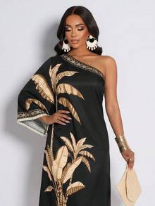 AIJ Amarilo 优雅波西米亚风连衣裙，女士单肩长袖系带流苏修身梭织面料休闲长裙度假黑色春季款 - 黑色 - 查看 4