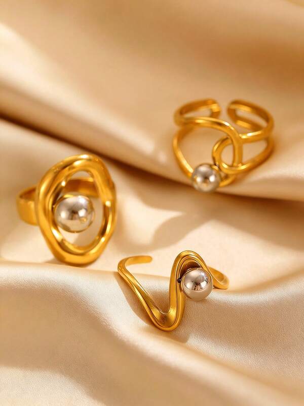 3件套时尚奢华不锈钢不规则立方氧化锆戒指套装，适合日常佩戴、聚会、生日、订婚、派对等场合。