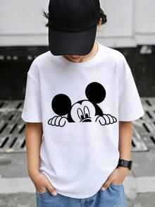 Disney Summer Tops,  Print Graphic Tee, Perfect For Cool Boys. Teen Boy Gift,Comfortable And Breathable Children's Short-Sleeved T-Shirt. 180g Pure Cotton Children's Clothes,Suitable For Both Boys And Girls.Suitable For Daily Wear, Vacations, Outdoor Activities, And As A Children's Gift. - 白色 - 查看 1