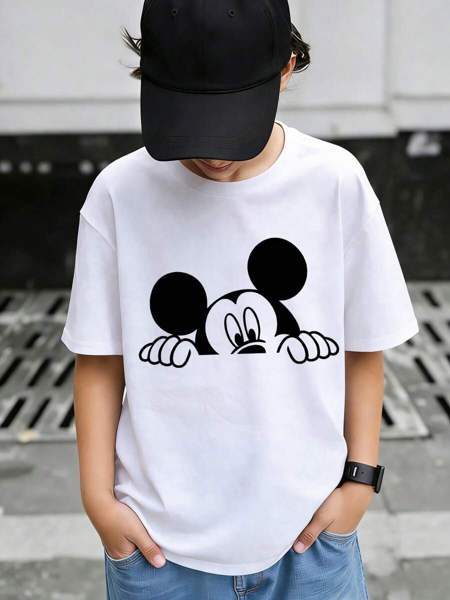 Disney Summer Tops, Print Graphic Tee, Perfect For Cool Boys. Teen Boy Gift,Comfortable And Breathable Children's Short-Sleeved T-Shirt. 180g Pure Cotton Children's Clothes,Suitable For Both Boys And Girls.Suitable For Daily Wear, Vacations, Outdoor Activities, And As A Children's Gift. - 白色 - 查看 1