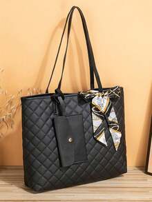 Versatile Quilted Tote Bag With Matching ID Card Holder And Stylish Scarf Accent To Carry All Essentials Scratch-Proof Laptop Shoulder Bag For Stylish Working Professionals Heavy-Duty Work Handbag To Hold Electronics During Travel And Subway Commutes PU Leather Purse Women's Bags Tote Bags - 彩色 - 查看 10