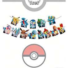 pokemon Decoración de fiesta de cumpleaños con pancarta de fondo con criaturas mágicas de dibujos animados del tema de Pokémon - Fondo de pancarta - Ver 5