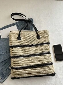Bolsa de praia para férias, bolsa de palha trançada, bolsa de palha trançada de grande capacidade, bolsa de ombro em cores contrastantes - Multicolorido - Ver 6