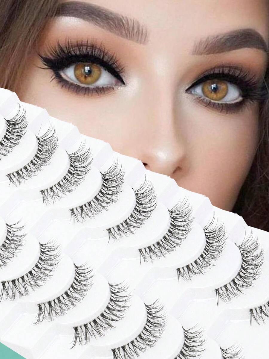 7对自然假睫毛，蓬松猫眼，柔软3D仿貂毛睫毛，纤细凌乱，多层假睫毛，佩戴舒适，上睫毛飞扬，拉长眼型，自然逼真，整条假睫毛，持久浓密，热门美妆工具 - 黑色 - 查看 1