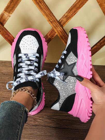 Women's Wedge Platform Sneakers, Black And White Color Block, Paired With Silver Sequins, Fashionable Retro Women's Chunky Sneakers, Star Print Design, Couple's Sneakers Suitable For Commuting, Travel, And Holiday Gifts