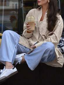 Look Polly 女士春夏 Y2K 条纹长袖衬衫，单排扣休闲时尚，沙滩装，口袋设计，返校季服装，复古风可爱教师衬衫，宽松纽扣衬衫，女士教师套装，大码沙滩衬衫，沙滩风，情人节女士时尚衬衫 - 卡其色 - 查看 6