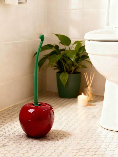 Bộ 1 chổi cọ toilet hình quả anh đào sáng tạo kèm đế, cán dài, chống bụi và dễ vệ sinh, vật trang trí phòng tắm chất lượng cao.