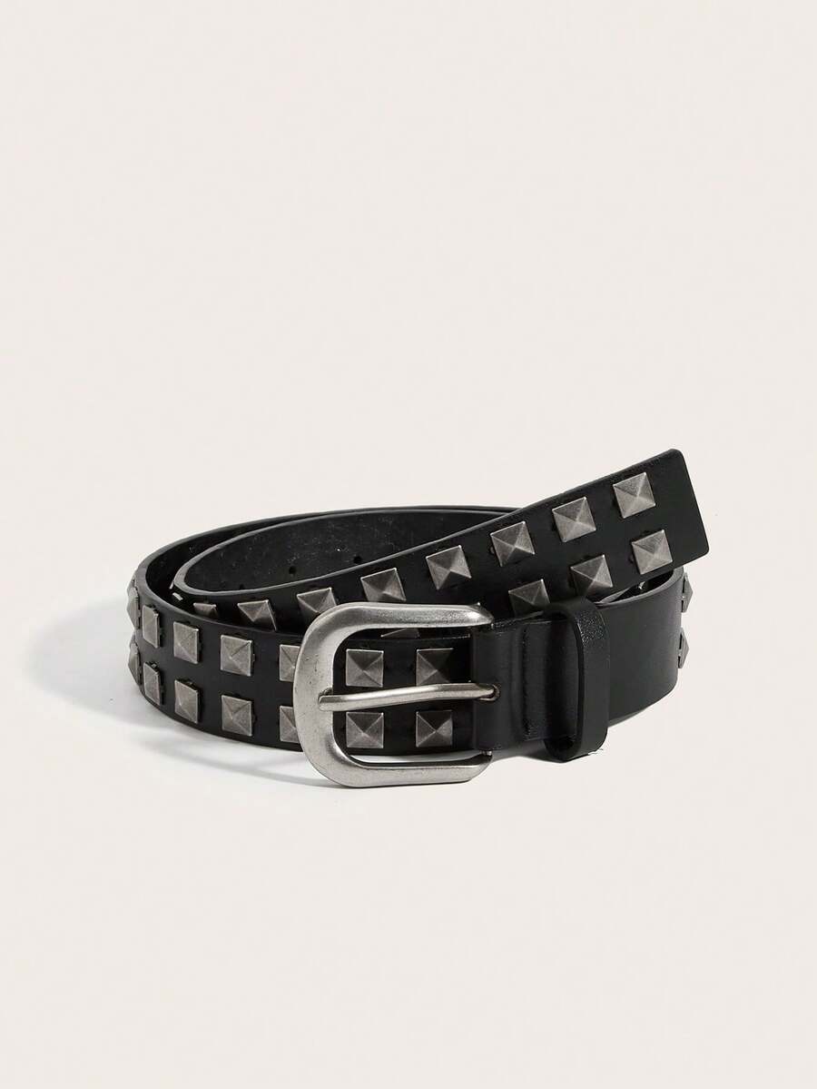 1pc Vintage Gold Square Buckle Rivet Belt For Women, Suitable For Dresses And Coats - Black - View 1