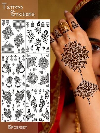 6pcs/Set,Tattoo Tattoos,Mehndi Tattoo Sticker,New Moon And Flowers,Plant Flowers With Multiple Vine Elements,Semi Permanent Tattoo,Tattoo Fake,Hand Tattoo,Fake Tattoos,Fake Tattoo,Temporary Tattoos,Tattoo Supplies,Tattoo Kit,Tattoo Stickers,Tattoo Waterproof Long Lasting,Tatooes For Women,Back Tattoo,Arm Tattoo,Tattoos On The Legs,Festival,Rave