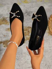 Giày búp bê mũi nhọn đính đá và nơ, kiểu dáng slip-on, giày casual cổ thấp cho mùa xuân và thu, cỡ lớn dành cho nữ. - màu đen - Xem 5