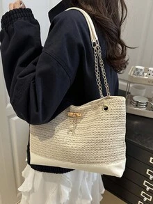 1pc Polyester Deer Pattern Large Capacity Zipper Fashionable Women's Shoulder Tote Bag, Suitable For Daily Use - White - View 10