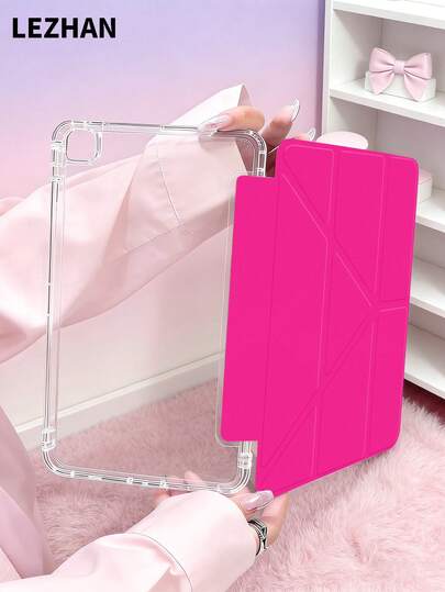 1pc Luxury Fluorescent Pink Solid Color Y-Fold Flat Protective Case, Multi-Angle Rotating Stand Tablet Protective Cover, Compatible With 2025/10th Gen/10.2" Pro 11 2021/2020/Mini6,7, Compatible With Samsung Galaxy Tab A8 10.5" 2022, With Pen Slot, Anti-Drop, Tablet Stand Protective Shell, Romantic And Practical Gift For Tablet Users