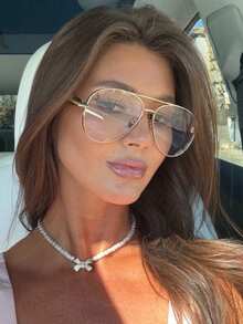 1pc Pilot Frame Metal Double Bridge Toad Eye Fashion Glasses, Personalized European And American Large Frame Fashion Summer Beach Accessory For Women - Trong sáng - Xem 1