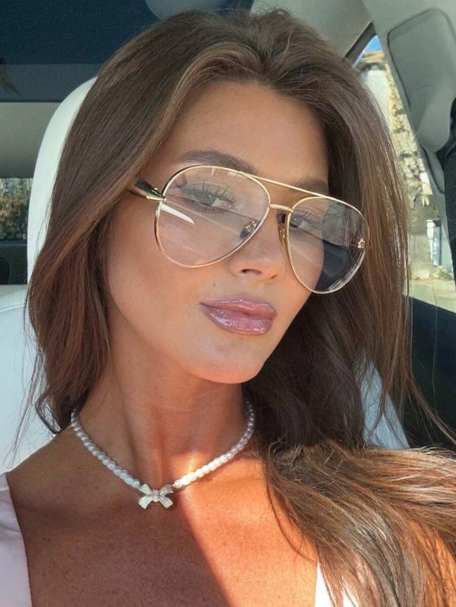 1pc Pilot Frame Metal Double Bridge Toad Eye Fashion Glasses, Personalized European And American Large Frame Fashion Summer Beach Accessory For Women - Trong sáng - Xem 1