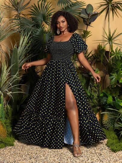 Faeriesty 大码优雅方领波点连衣裙，泡泡袖设计，高开衩，层叠荷叶边下摆，适合婚礼宾客、伴娘伴郎、订婚派对、正式晚宴、专业摄影度假等场合，黑色。