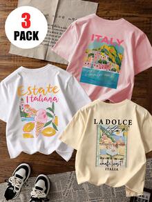 3件套女童意大利阿马尔菲海岸风景印花短袖T恤，夏季度假风柠檬冰淇淋图案休闲上衣，透气柔软面料，ins风日常穿着 - 粉色 - 查看 2