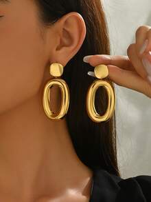 1 Pair Minimalist Elegant Oval Design Earrings, Smooth Lines Natural Golden Tone Shiny And Luxurious, Enhancing Overall Fashionable And Graceful Look - Earring - View 6