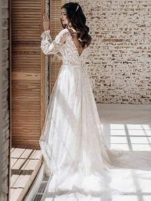 Romantic Boho Deep V 3D Floral Illusion Lace Long Sleeve Wedding Dress, Tulle Bridal Gown, Wedding Dresses For Bride, Elegant And Comfortable, Suitable For Wedding, Party, Vacation, Bride, Formal Occasions, Dinner Dress, Prom Dress, After-Party Dress, Homecoming Dress, Cocktail Party, Birthday Party, Ceremony - trắng - Xem 3
