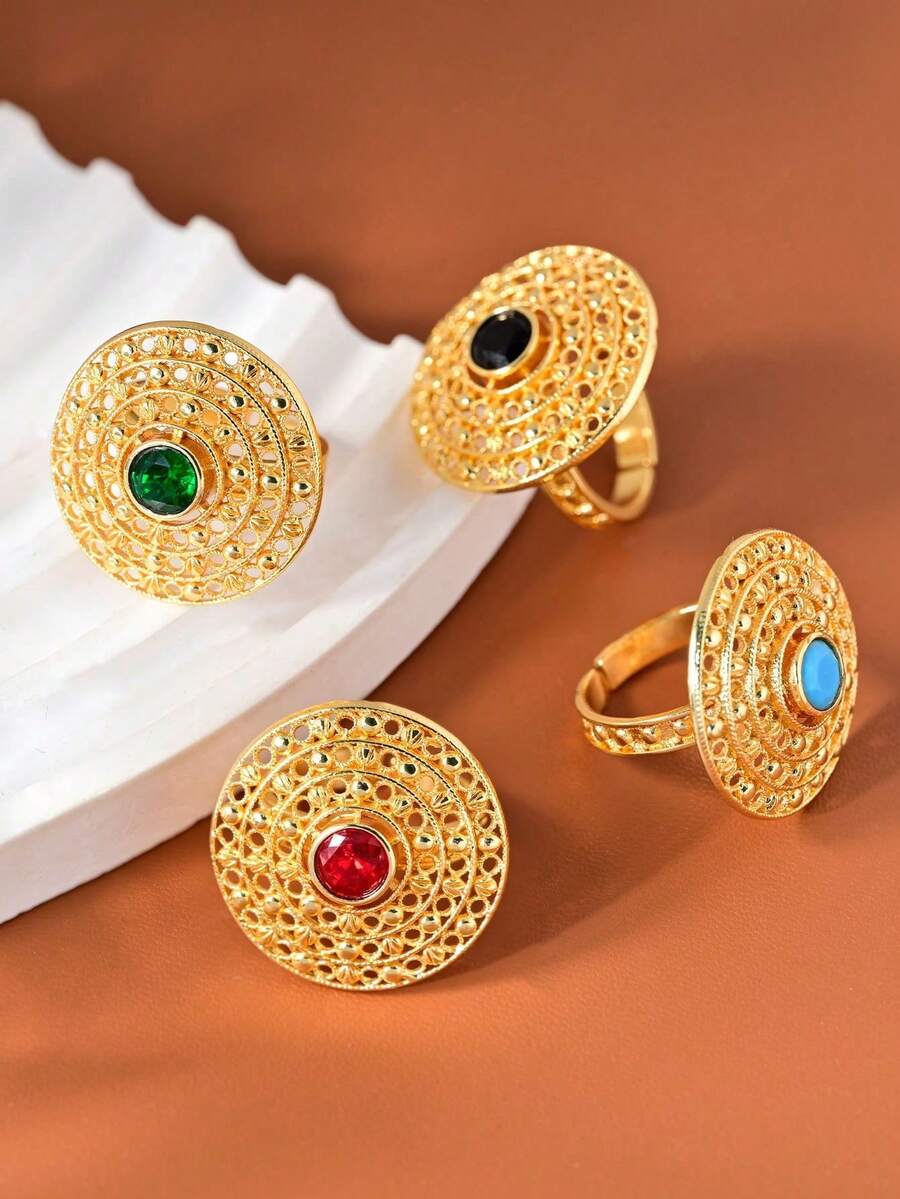 1pc Vintage Sultan's Collection Jewelry Inlaid Turquoise/Red/Emerald Stone Engraving Process Women Rings,Luxurious Elegant Jewelry For Women,Versatile Daily Wear,Exquisite Gift Idea,Perfect For Party,Banquet,Wedding Decor,Elegant Accessory With Delicate Design - Multicolor - Gold - View 1