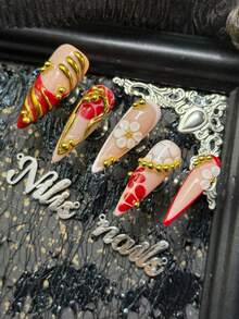 10pcs Stiletto Acrylic Nail Kit, Red Nails, Red French Style, White&Red Tie Dye, 3D White Three-Dimensional Flowers, Asymmetric Flowing Lines, And Beads As Nail Accessories, Y2K Style Nail Art Set, Very Suitable For Women And Girls To Attend Theme Parties&Party&Ceremonies&Festival Use (Including One Piece Of Jelly Glue And One Friction Strip) Nail Stuff - Red - View 5