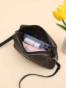 夏季草编斜挎包，女士沙滩单肩包，配有可拆卸肩带、拉链封口、小巧百搭设计、休闲外出手提包、尼龙内衬、女士钱包 - 黑色 - 查看 7