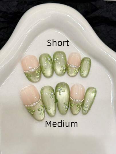 10pcs Handmade Nails Oval Nails Acrylic Press On Nails Short Medium, Minimalism Green Nails, Flashy Cateye French Tip Nails, Handpainted Simple Flower, Edgy Elegant Simple Spring Nails, Summer Press On Nails, Festival Nails, Party Daily & Dating Use Beach Tropical Getaway Suitable,DIY False Nail Art Suitable For Women & Girls As Gift Nail Supplies Handmade Press On Nails