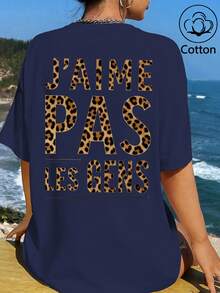 「J'AIME PAS LES GENS」豹紋字母印花，女式寬鬆T卹，夏季上衣，K-Pop戰士系列，純棉上衣，女裝服飾，女式夏裝，針織服飾，派對裝束，大碼女裝，大碼女式圓領寬鬆上衣，閨蜜裝，度假服飾，休閒運動裝，優雅上衣，女士運動裝,頂部女裝，促銷女裝，男女同款，青少年裝、基本款T卹，夏季女裝，柔軟舒適，Y2K風格,夏季、情人節、狂歡節、聚會、海灘、婚禮、外出活動、優雅、度假、休閒、奢華、千禧年、亮片、豹紋、圓點圖案、圖形、花卉、迷彩 - 藏青 - 查看 3
