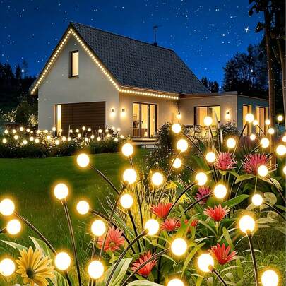 10LED/8LED/6LED太阳能路径灯，太阳能户外灯，LED萤火虫灯，太阳能花园灯，太阳能LED花园灯，小型圆形草坪灯，户外太阳能灯，LED户外花园插地灯，太阳能发光昆虫灯 - 两种照明模式，暖色LED灯光，适用于庭院装饰，适合家居、房间、庭院、斋月、生日、派对、节日装饰