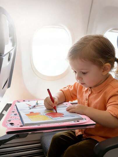 1pc Foldable Kids Airplane Tray Table Cleaning & Storage Set, Travel Play Mat With Raised Edges For Toys & Snacks, Elastic Strap, Dual-Sided Magic Tape And Tablet Holder