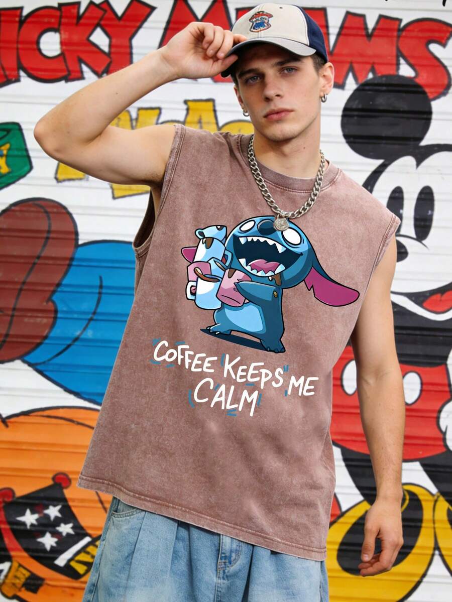 Disney Stitch Coffee Calm 230GSM Vintage Washed Streetwear Tank Top, Casual Tank Top - 咖啡色 - 查看 1