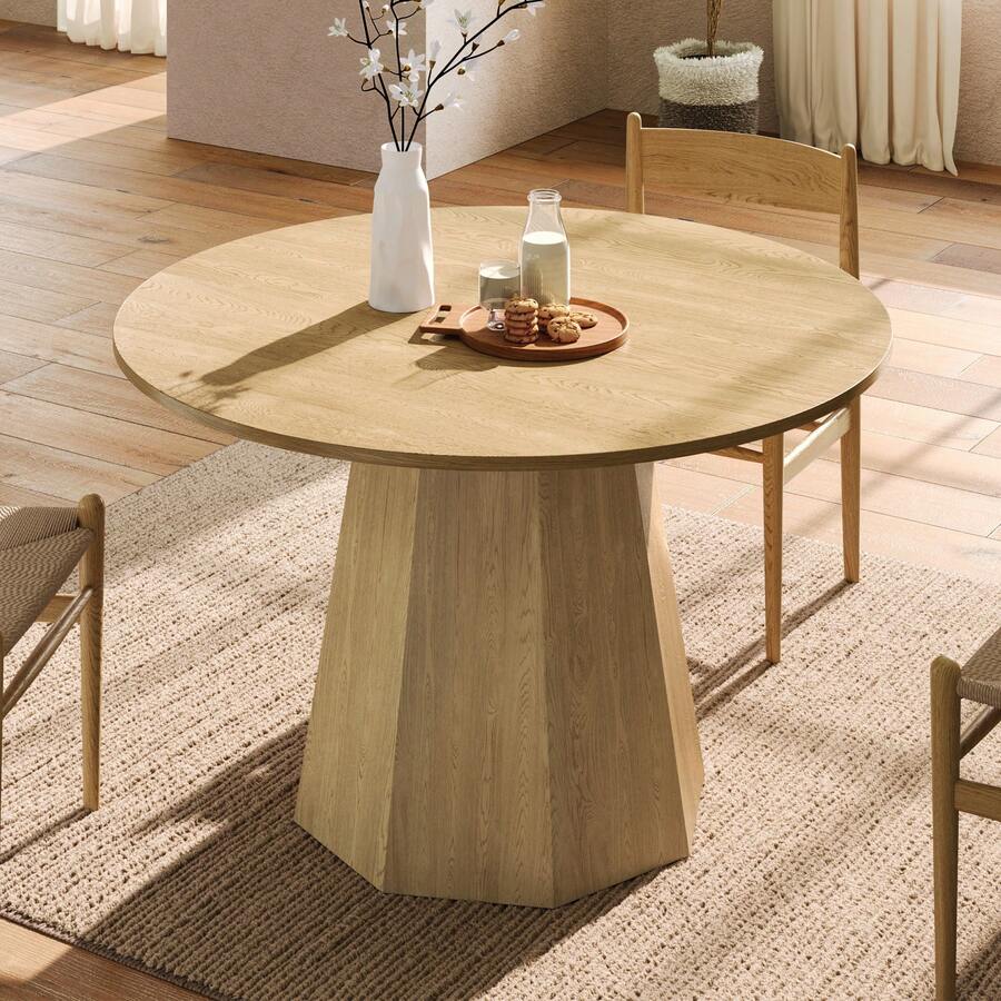 Round Dining Table, 120 X 120 Cm, Ideal For 4 To 6 People, Classic Design, Minimalist Scandinavian Style, Oak Finish - Black - View 1