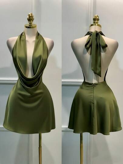 Vestido mini elegante de verano para mujer con escote en V profundo, espalda descubierta y cuello halter de unicolor